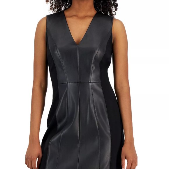 INC International Concepts, Women's Faux-Leather and Ponte Dress, Black, Size 8 - Picture 4 of 5